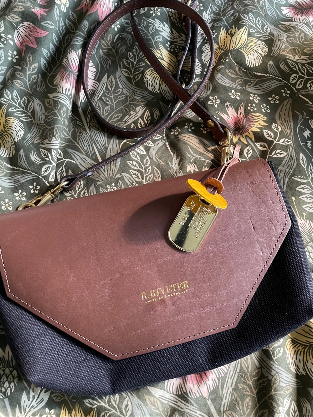R. Riveter Brown & Black Leather-Trim Crossbody with Gold Tag